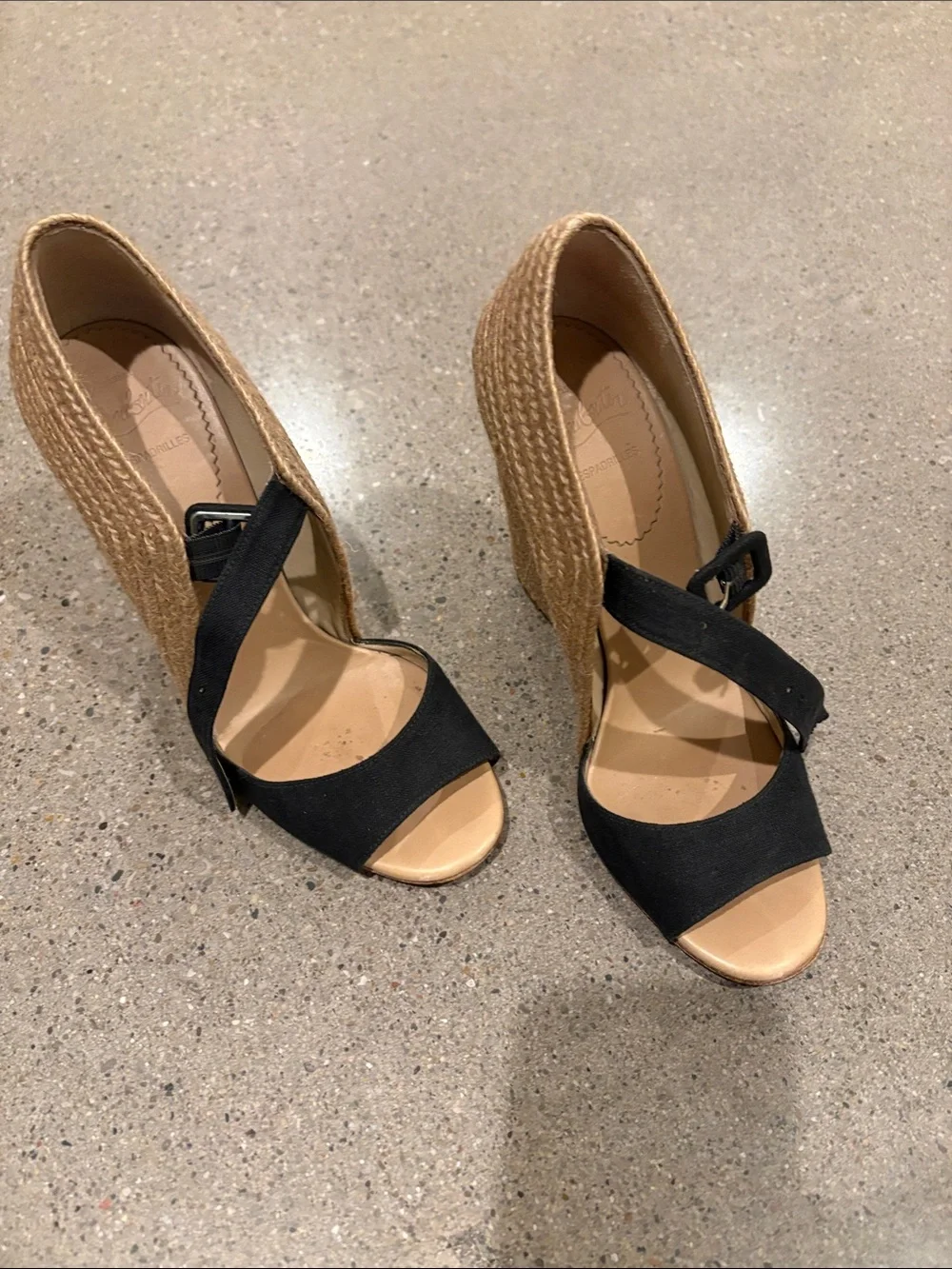 Christian Louboutin Black Canvas and Natural Woven Espadrille Wedges